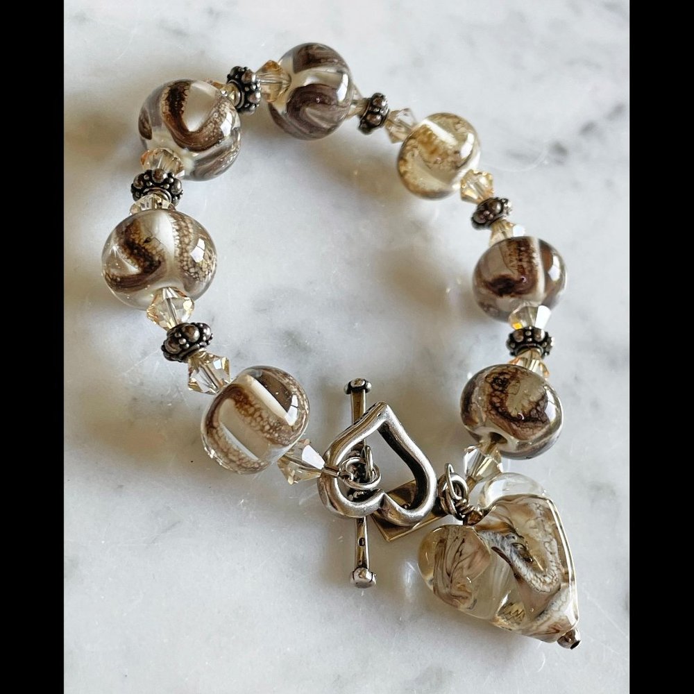 Sterling Bracelet by Anna E. with Handmade Lampwork Glass Heart & Rounds